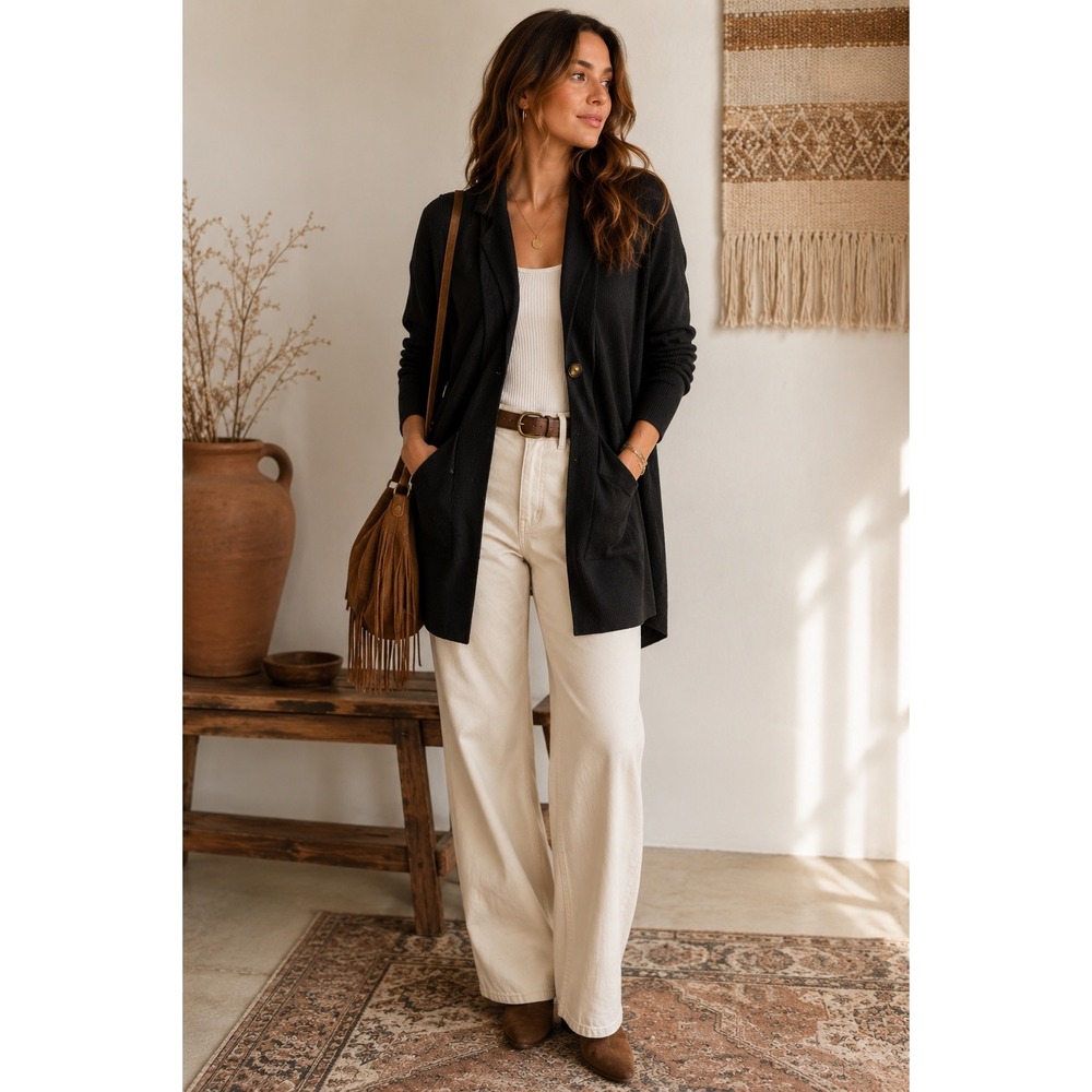 Free People Cardigan Blazer Coatigan Black Ribbed Knit Size S, Viscose Capsule